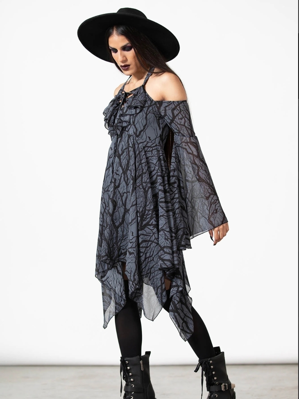 Killstar Gothic Lace-Up Asymmetrical Black & Gray Off-Shoulder Dress - Picture 4 of 8